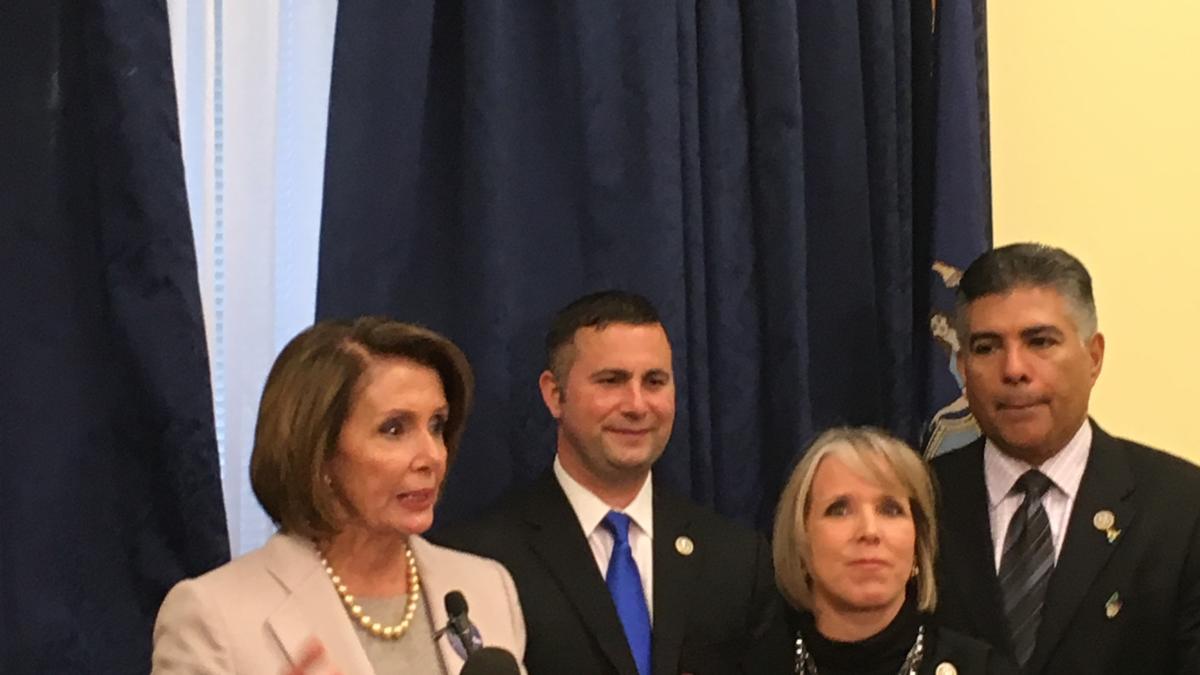 Photo of Leader Pelosi with Reps Soto, Lujan Grisham, and Cardenas